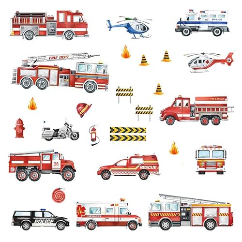 DmDoyy 42PCS Wandtattoo Feuerwehrauto, Polizei Transporte Fahrzeug Wandsticker, Wandaufkleber Autos, Wandsticker Junge Kinderzimme von DmDoyy