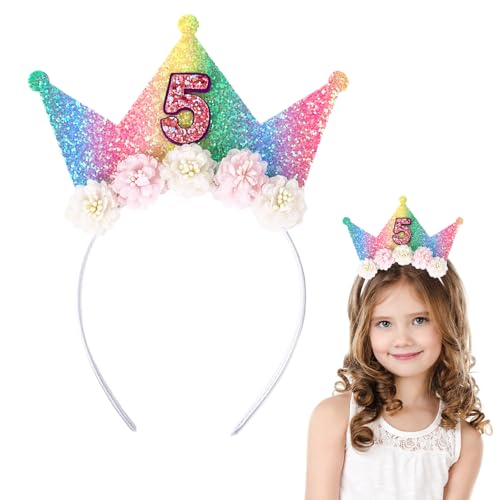 Dmnnlp 5 Geburtstag Krone Stirnband für Mädchen Glitzer Prinzessin Tiara Haarschmuck für Mädchen Party Dekorationen Blume Krone Geschenk für 5 Jahre alt von Dmnnlp