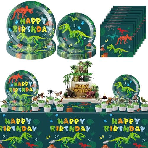Dncvb Dino Geburtstag Deko, Dino Deko Kindergeburtstag, Dinosaurier Partygeschirr Set mit Servietten, Pappteller, Tischdecke, Tortendeko, für Dinosaurier Geburtstagsdeko Jungen Dncvb Dino Geburtstag Deko, Dino Deko Kindergeburtstag, Dinosaurier Partygeschirr Set mit Servietten, Pappteller, Tischdecke, Tortendeko, für Dinosaurier Geburtstagsdeko Jungen von Dncvb
