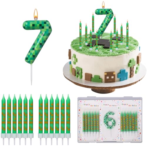 Dncvb Geburtstagskerzen Zahlen 7, 13 Stück Pixel Geburtstagskerzen, Miner Game Kerzen Geburtstag, Miner Game Tortendeko Zahlenkerze für Mädchen Jungen Kinder Geburtstagskerzen Torteparty Deko von Dncvb