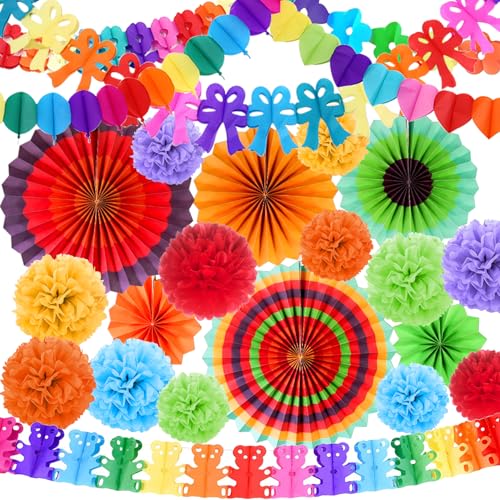 Dncvb Karneval Party Dekoration 24 Stück Faschingsgirlanden Bunt Girlande Papier Deko Party Papierfächer Deko Seidenpapier Pompons Papiergirlande Set Partygirlanden für Hochzeit Fasching Geburtstags von Dncvb
