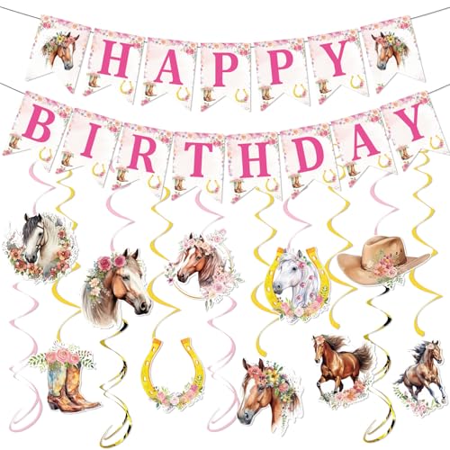 Dncvb Pferde Geburtstagsdeko Party Hängende Wirbel Pferde Girlande Kindergeburtstag Rosa Geburtstagsdeko Mädchen Pferd Happy Birthday Banner Deko Spiralen Geburtstag für Mädchen von Dncvb