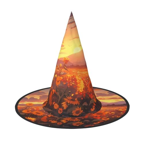 DngSer Gelbe Sonnenblumen bei Sonnenuntergang Halloween-Hut – perfekt für Party-Maskerade, Damen-Cosplay, dekorative Kappe für Karneval, faltbare Dekorationen von DngSer