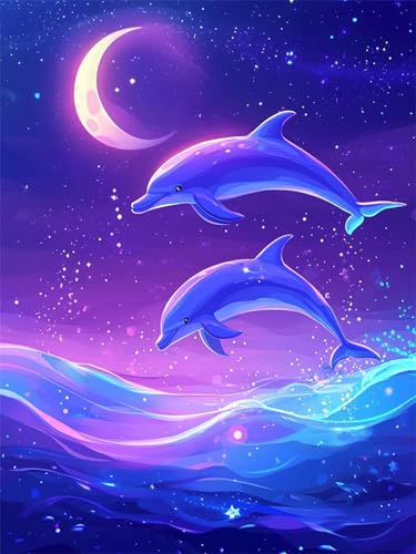 5D Diamond Painting Delphin DIY Diamant Painting Bilder Set für Erwachsene und Kinder, Malen Nach Zahlen Mond Diamant Malerei Glitzersteine 80x100 cm Kreuzstich Leinwand Art für Deko Wohnzimmer G-13 von Dnnufagg