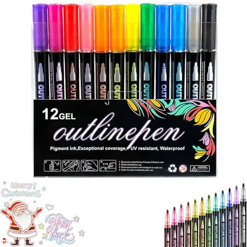 Marker Pen for Highlight, Coloring Lightstick Graffiti Pen, Double Line Contour Pens, Metallic Outline Marker Pens, Outline Markers Self-Outline Metallic Markers (12colors) von Dnyun