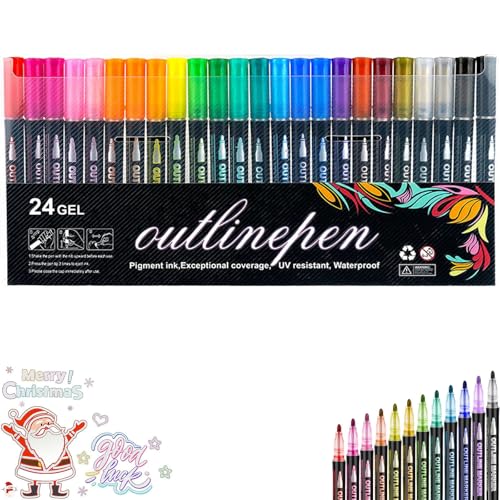 Marker Pen for Highlight, Coloring Lightstick Graffiti Pen, Double Line Contour Pens, Metallic Outline Marker Pens, Outline Markers Self-Outline Metallic Markers (24colors) von Dnyun