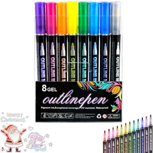 Marker Pen for Highlight, Coloring Lightstick Graffiti Pen, Double Line Contour Pens, Metallic Outline Marker Pens, Outline Markers Self-Outline Metallic Markers (8colors) von Dnyun