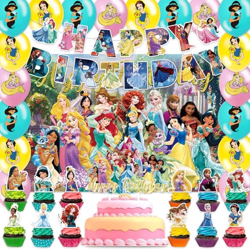 42-teiliges Prinzessinnen-Partyteller-Set beinhaltet: Banner, Kuchendekoration, Blackdrop, Luftballons für Prinzessinnen-Party-Dekoration von DoMiDoLa