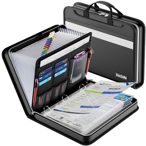 DocSafe Aktenordner mit Reißverschluss und 30-Blatt-Schutz, feuerfest, Akkordeon, 12 Register, Fächermappe mit mehreren Taschen, sichere Aufbewahrung für Dokumente, 3,8 cm O-Ring, Schwarz DocSafe Aktenordner mit Reißverschluss und 30-Blatt-Schutz, feuerfest, Akkordeon, 12 Register, Fächermappe mit mehreren Taschen, sichere Aufbewahrung für Dokumente, 3,8 cm O-Ring, Schwarz von DocSafe