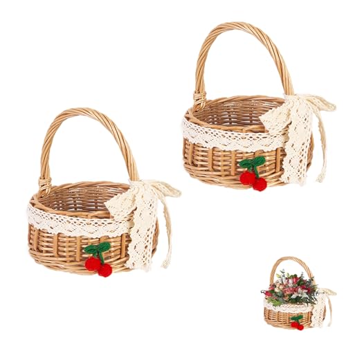 2 Stück Blumenkorb Hochzeit, Weidenkorb Klein, Körbchen Blumenkinder, Blumenstreukörbchen, Rattan-Blumenkorb, mit Henkel, Vintage-Stil, für Hochzeit Tischdeko (Fliege Medium) von Docache