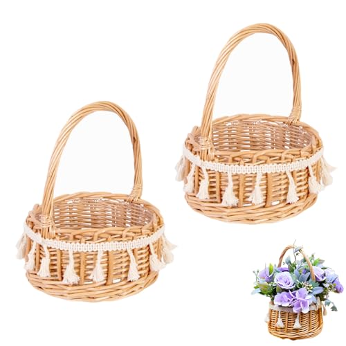 2 Stück Blumenkorb Hochzeit, Weidenkorb Klein, Körbchen Blumenkinder, Blumenstreukörbchen, Rattan-Blumenkorb, mit Henkel, Vintage-Stil, für Hochzeit Tischdeko (Klassisch Medium) von Docache