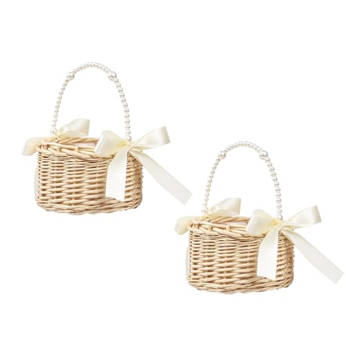 2 Stück Wicker Rattan Blumenmädchen Korb Blumenkorb mit henkel und Schleife Blumenkörbe Geflochtener Korb für Die Hochzeit Blumen (Farbband A) von Docache
