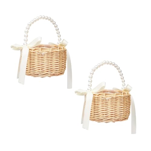 2 Stück Wicker Rattan Blumenmädchen Korb Blumenkorb mit henkel und Schleife Blumenkörbe Geflochtener Korb für Die Hochzeit Blumen (Farbband B) von Docache