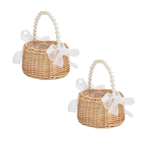 2 Stück Wicker Rattan Blumenmädchen Korb Blumenkorb mit henkel und Schleife Blumenkörbe Geflochtener Korb für Die Hochzeit Blumen (Garn A) von Docache