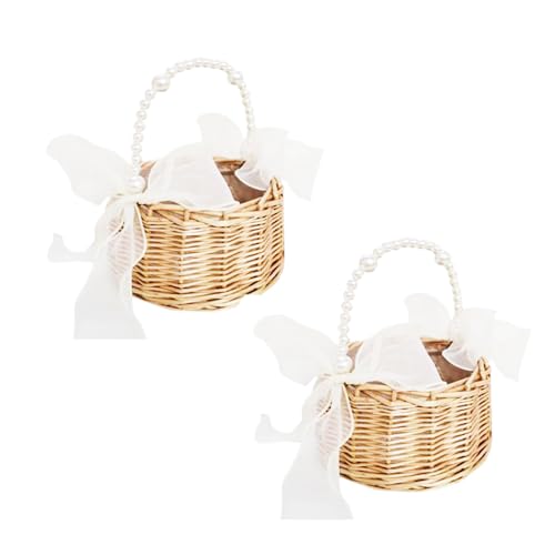 2 Stück Wicker Rattan Blumenmädchen Korb Blumenkorb mit henkel und Schleife Blumenkörbe Geflochtener Korb für Die Hochzeit Blumen (Garn B) von Docache