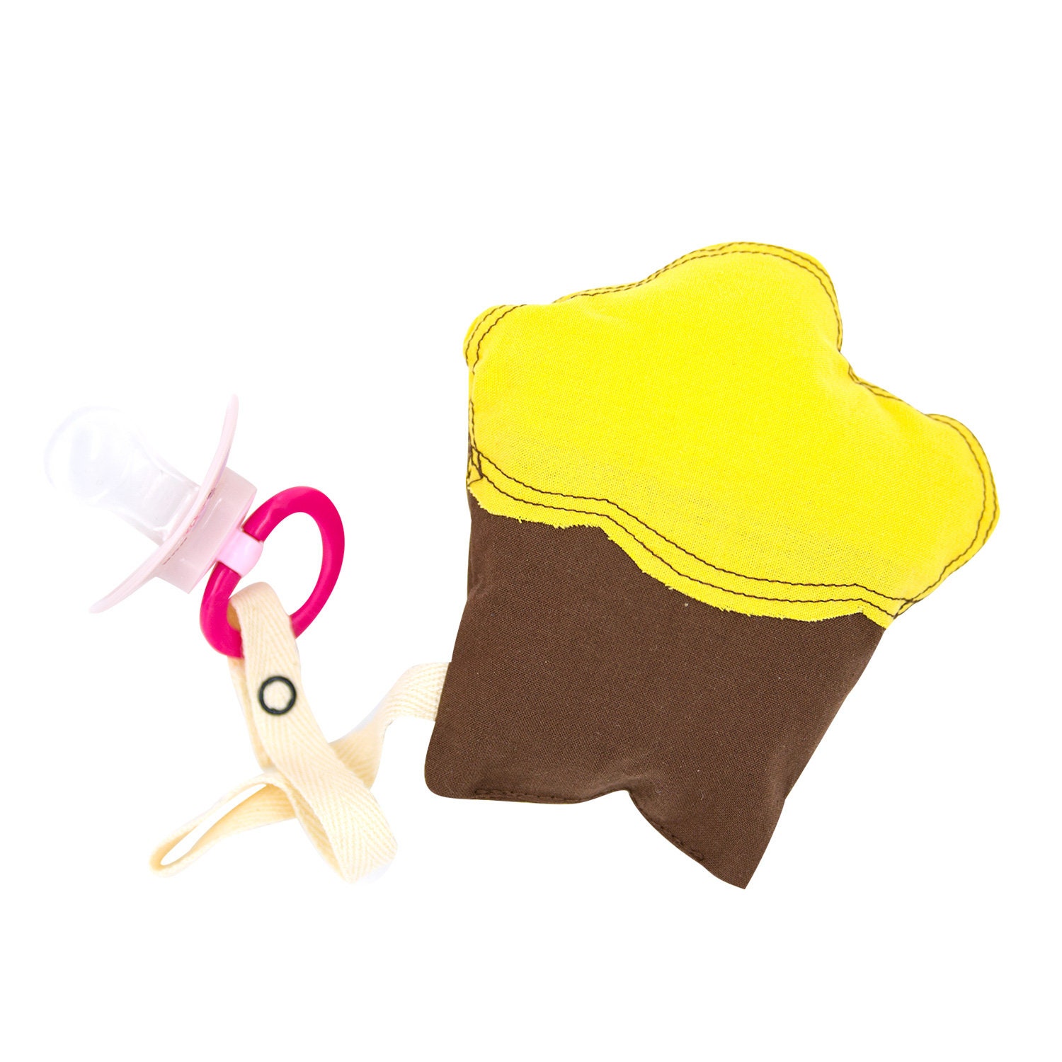 Schnullerkette "Cupcake" Aus Bio-Baumwolle Braun/Gelb Schnullerband Schnullertier von DogsLoveCatsMUC