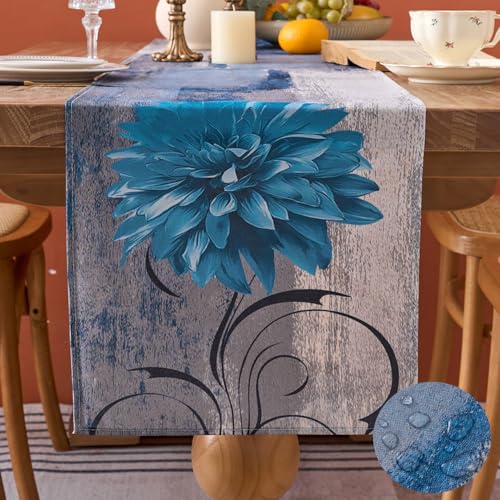 Tischläufer Outdoor Wetterfest Tischläufer Abwaschbar Polyester Tischläufer Blau Grau Blume Tischläufer Abstrakt Rustikales Ölgemälde Tischdeko für Urlaub Kaffee Küche Partys Bauernhaus 40 x 140 cm von Dokeleen