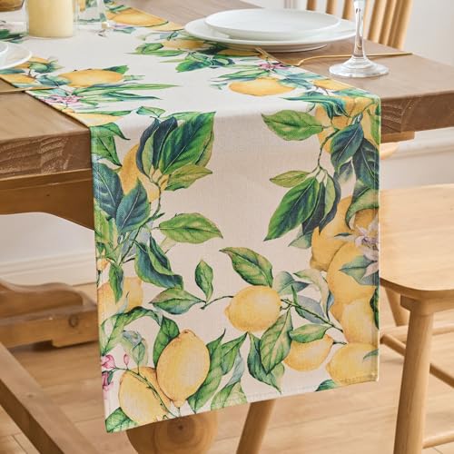 Tischläufer Zitrone Outdoor Zitronenmotiv Tischdecke Zitronen Grün Gelb Polyester Bauernhaus Tischplatte für Frühling Küche Esstisch Dekoration Drinnen Urlaub Party Wohnzimmer Dekor 40 x 140 cm von Dokeleen