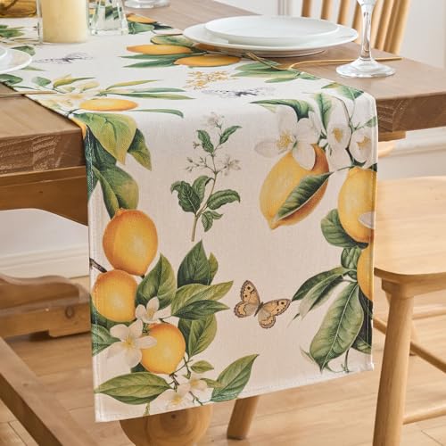 Tischläufer Zitrone Outdoor Zitronenmotiv Tischdecke Zitronen Grün Gelb Polyester Bauernhaus Tischplatte für Frühling Küche Esstisch Dekoration Drinnen Urlaub Party Wohnzimmer Dekor 40 x 140 cm von Dokeleen