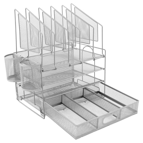 Schreibtisch Organizer mit Schubladen Metall, Briefablage mit 2 Stifthalter, Abnehmbarer Netz Schreibtisch Organizer mit 5 vertikale Fächer, für Schul Heim Büro Bedarf, 32,6x22,8x41 cm (Silber) von Dokiiovo