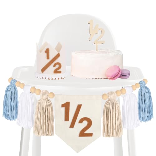 Baby Junge Halber Geburtstag Dekoration, Hochstuhl Banner Geburtstag Hut Kuchen Topper 1/2 Geburtstag Dekor, Dokuna Half Way To One Baby Boy (Blau) von Dokuna