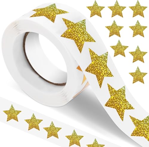 500 Stück Gold Sterne Aufkleber, Glitter Stern-Aufkleber Belohnung Sticker für Kinder 2,5 cm Selbstklebend Dekorative Stern Aufkleber für Scrapbooking, Grußkarten, Geschenke, Basteln(1 Rolle) von Dolaso