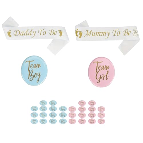 52er Set Baby Shower Schärpe & Buttons , Perfekte Gender Reveal Party Deko, für Gäste, Deko zur Geschlechterenthüllung, für werdende Eltern von Dolaso