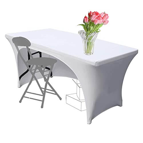 Dololoo Dehnbare Tischdecken 4ft für rechteckige Tische mit offener Rückseite, angepasste Spandex, rechteckige Terrassentischabdeckungen, Hochzeit, Party, Küche, Dekoration (weiß, 1 Pack-1.2 m) von Dololoo