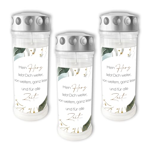 DOLORINO Grablicht mit Spruch "Mein Herz liebt Dich weiter, von weitem, ganz leise und für alle Zeit" | Eukalyptus Kranz | 3er Set | 7-Tage Brenner | Öl-Licht in deutscher Qualität DOLORINO Grablicht mit Spruch "Mein Herz liebt Dich weiter, von weitem, ganz leise und für alle Zeit" | Eukalyptus Kranz | 3er Set | 7-Tage Brenner | Öl-Licht in deutscher Qualität von Dolorino