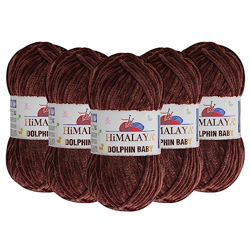 5 Knäuel (Packung) Himalaya Dolphin Baby Chenille-Garn, 100 % Polyester, jeder Strang 100 g, 120 m, 6: Super Bulky, Braun – 80366 von Dolphin Baby