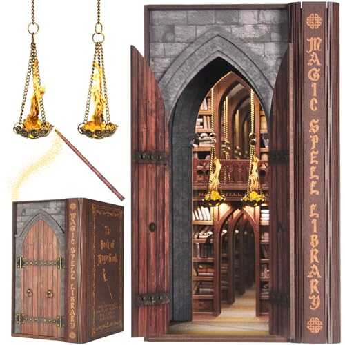 DolphinIsle Book Nook Kits für Erwachsene, DIY Buchecke Bücherregal Dekor Magische Zauberbibliothek mit Flammenillusion von DolphinIsle