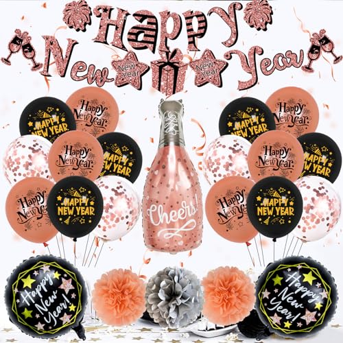 Happy New Year Dekorationen Set 2024 Schwarz Ballon Foto Requisiten für Silvester Party Urlaub Supplies Home Decor Dekorative Champagnerflasche von Domasvmd