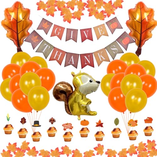 Thanksgiving-Ballon-Set, Party-Dekoration, Erntedankfest, Eichhörnchen, Ahornblatt, Ballon-Zubehör mit Bannern, Kuchenaufsätze, einfach zu bedienen und zu tragen von Domasvmd