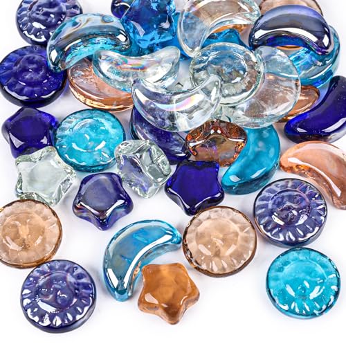 DomeStar Glasperlen, dekorative Murmeln für Vasen, Sonne, Mond, Sterne, flache Murmeln, Glasstein für DIY Aquarium, Vasenfüller (35–40 Stück) von DomeStar