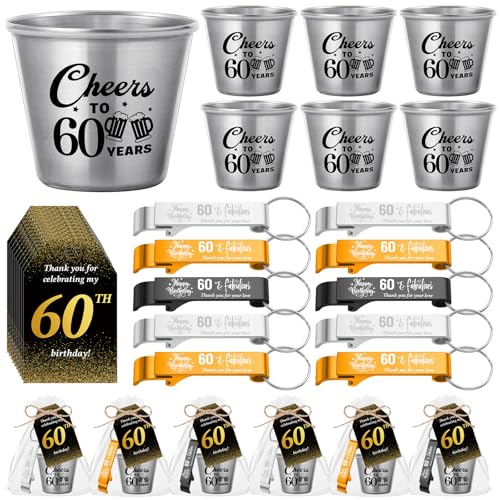 Domensi Partygeschenke zum 60. Geburtstag für Gäste, Großpackung mit Prost bis 60 Jahren, kurze Tassen, Bierflaschenöffner, Schlüsselanhänger, Dankeskarten mit Geschenktüten und Seilen für Domensi Partygeschenke zum 60. Geburtstag für Gäste, Großpackung mit Prost bis 60 Jahren, kurze Tassen, Bierflaschenöffner, Schlüsselanhänger, Dankeskarten mit Geschenktüten und Seilen für von Domensi