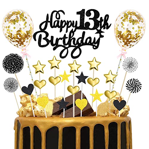 Tortendeko Geburtstag 13 Jahre Junge Schwarz Gold Happy 13th Birthday Cake Topper Glitzer Kuchendeckel Geburtstag mit Herz Stern Luftballons Cupcake Topper 13. Geburtstag Party Deko für Mädchen von Domgoge