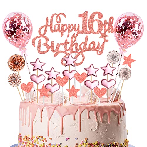 16. Geburtstag Tortendeko, Rosegold Kuchendeckel Geburtstag, Glitzer Happy 16th Birthday Cake Topper Set mit Herz Stern Luftballons Papierfächer, Cupake Topper Dekoration für Mädchen Geburtstagsparty 16. Geburtstag Tortendeko, Rosegold Kuchendeckel Geburtstag, Glitzer Happy 16th Birthday Cake Topper Set mit Herz Stern Luftballons Papierfächer, Cupake Topper Dekoration für Mädchen Geburtstagsparty von Domgoge