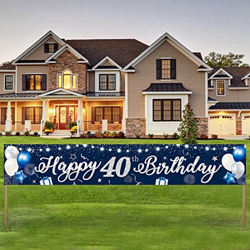 40. Geburtstag Banner Blau Silber Happy 40th Birthday Banner Alles Gute zum Geburtstag Banner 210x40cm Extra Lange Hof Zeichen Poster Hintergrund Dekorationen für Männer 40 Jahre Jubiläum Party von Domgoge