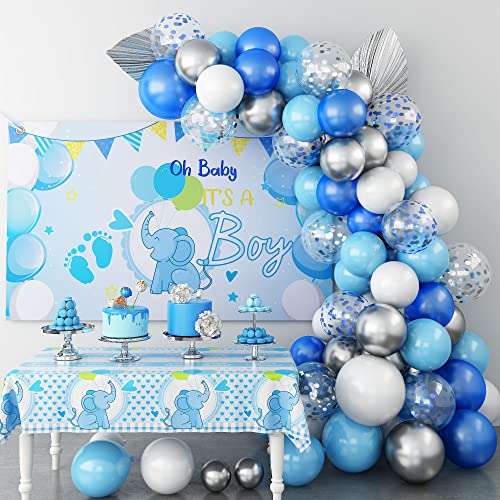 Baby Shower Dekoration Junge, Baby Shower Deko Boy, Blau Weiß Silber Luftballons Girlande Kit mit Blau Elefanten Hintergrund Banner Tischdecke, Blaue Deko Babyparty für Junge Kindergeburtstag Party von Domgoge