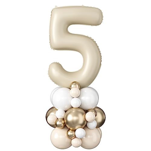 Beige Luftballons Geburtstag Zahlen 5 Jahr Folienballon Creme Sandweiß Gold Digit Luftballons 40 Zoll XXL Große Boho Neutral Helium Luftballons für Mädchen Frauen 5th Geburtstagsdeko Jubiläums Party von Domgoge