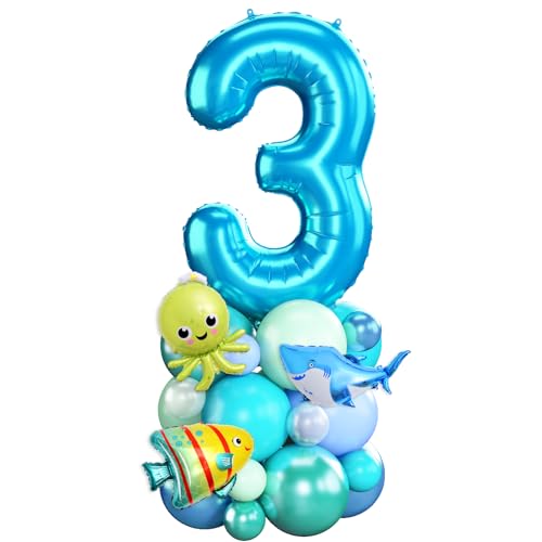 Blau Luftballons 3. Geburtstag Junge Ozean Zahlen 3 Folienballons für 3 Jahr Alt Geburtstags Deko mit Hai Fisch Shark 40 Zoll Groß Blau Grün unter dem Meer Tiere Drei Digit Ballon für Dritte 3rd Party von Domgoge