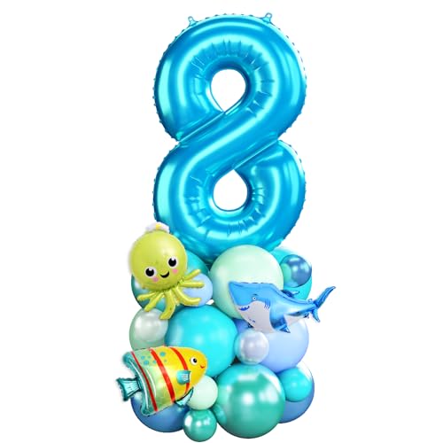 Blau Luftballons 8. Geburtstag Junge Ozean Zahlen 8 Folienballons für 8 Jahr Alt Geburtstags Deko mit Hai Fisch Shark 40 Zoll Groß Blau Grün unter dem Meer Tiere Acht Digit Ballons für Achte 8th Party von Domgoge