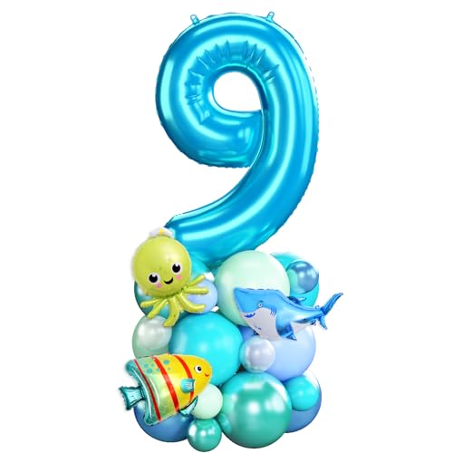 Blau Luftballons 9. Geburtstag Junge Ozean Zahlen 9 Folienballons für 9 Jahr Alt Geburtstags Deko mit Hai Fisch Shark 40 Zoll Groß Blau Grün unter dem Meer Tiere Neun Digit Ballon für Neunte 9th Party von Domgoge