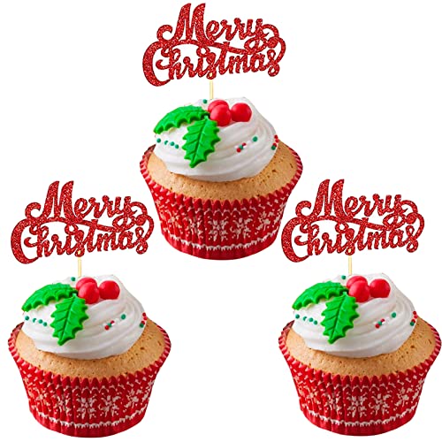 Cake Topper Weihnachten, Cupcake Topper Weihnachten, 24 Stück Tortendeko Merry Christmas, Rot Tortendeko Frohe Weihnachten, Kuchen Deko Weihnachten für Xmas Neujahr Feier Party Dekorationen von Domgoge