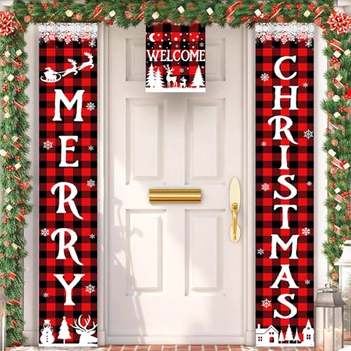 3 Stück Frohe Weihnachten Banner, Türbanner, Rot Merry Christmas Deko, Xmas Welcome Haustür Veranda Schild Wand Hängend für Neujahr Winter Holiday Party Dekoration, 180x30 cm von Domgoge