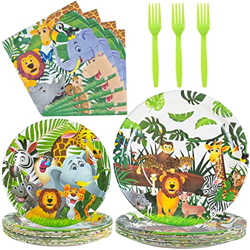 Dschungel Partygeschirr, Partygeschirr Kindergeburtstag Dschungel, Dschungel Safari Partygeschirr Set mit Pappteller Servietten Gabel, Party ZubehöR Dschungel Party Geschirr Deko Grün, 24 Gäste von Domgoge