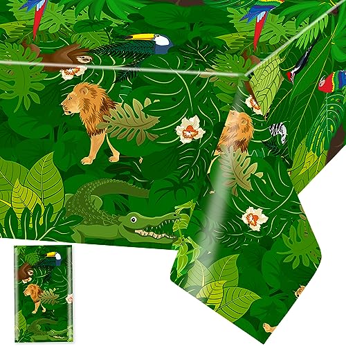Dschungel Tischdecke Safari Tiere Tischdecken Grüne Tropisch Tischtuch Rechteckige Wasserdicht Palmenblätter Tiere Motiv Sommer Kinder Geburtstag Party Dekoration, 137 x 274cm, 1 Stück von Domgoge