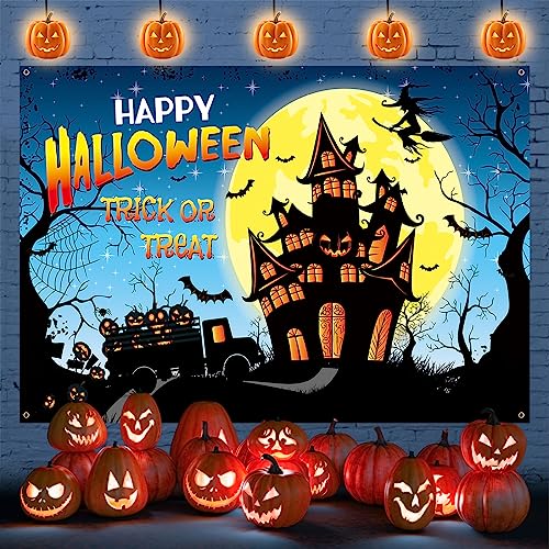 Happy Halloween Banner - Trick or Treat Hintergrund Deko mit Kürbis, Mond, Blau - Extra Groß Stoff Photo Booth Hängend Schild für Karnevals Party Dekoration, 73x43 Zoll von Domgoge