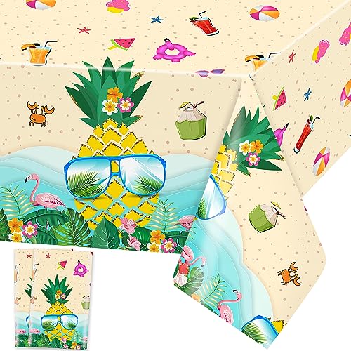 Hawaii Tischdecke Ananas Tischdecken Tropisches Luau Plastik Tischtuch Rechteckige Wasserdicht Flamingos Motiv Kinder Geburtstag Sommer Strand Party Dekoration, 137 x 274cm, 2 Stück von Domgoge