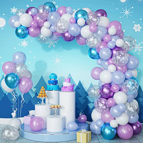 Luftballon Girlande Frozen, 107 Stück Metallic Lila Blau Weiß Luftballons Girlande Kit mit Schneeflocken Konfetti, Frozen Geburtstagsdeko Mädchen für Schnee Weiß Prinzessin Babyparty Weihnachten Party von Domgoge